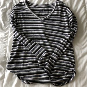Blue white gray and black striped long sleeve tee
